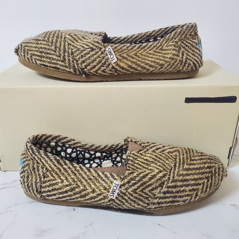 Toms Womens Size W8 Brown and Gold Slip On Flats